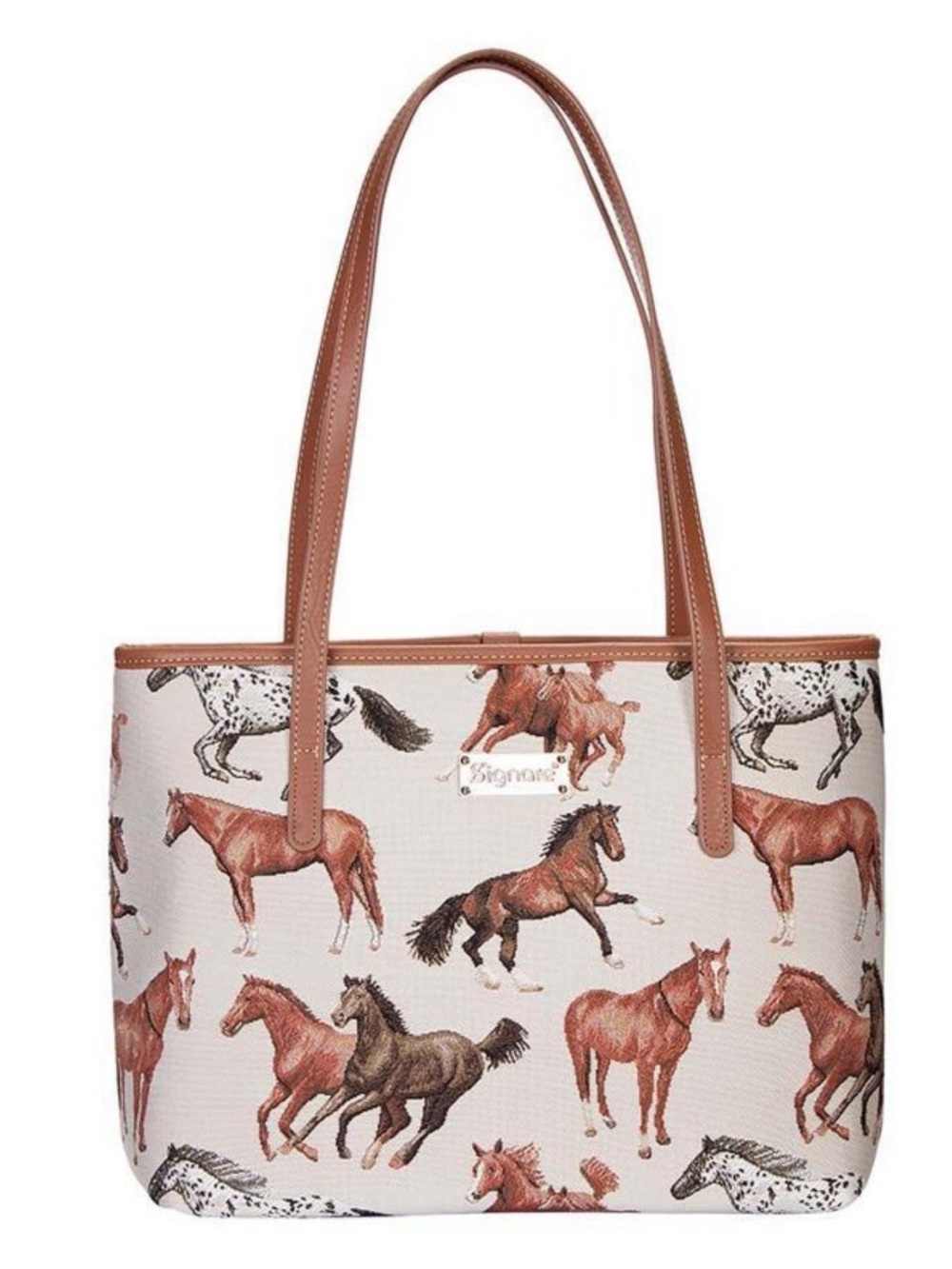 Signature Horse-Print Canvas Tote with Brown Trim